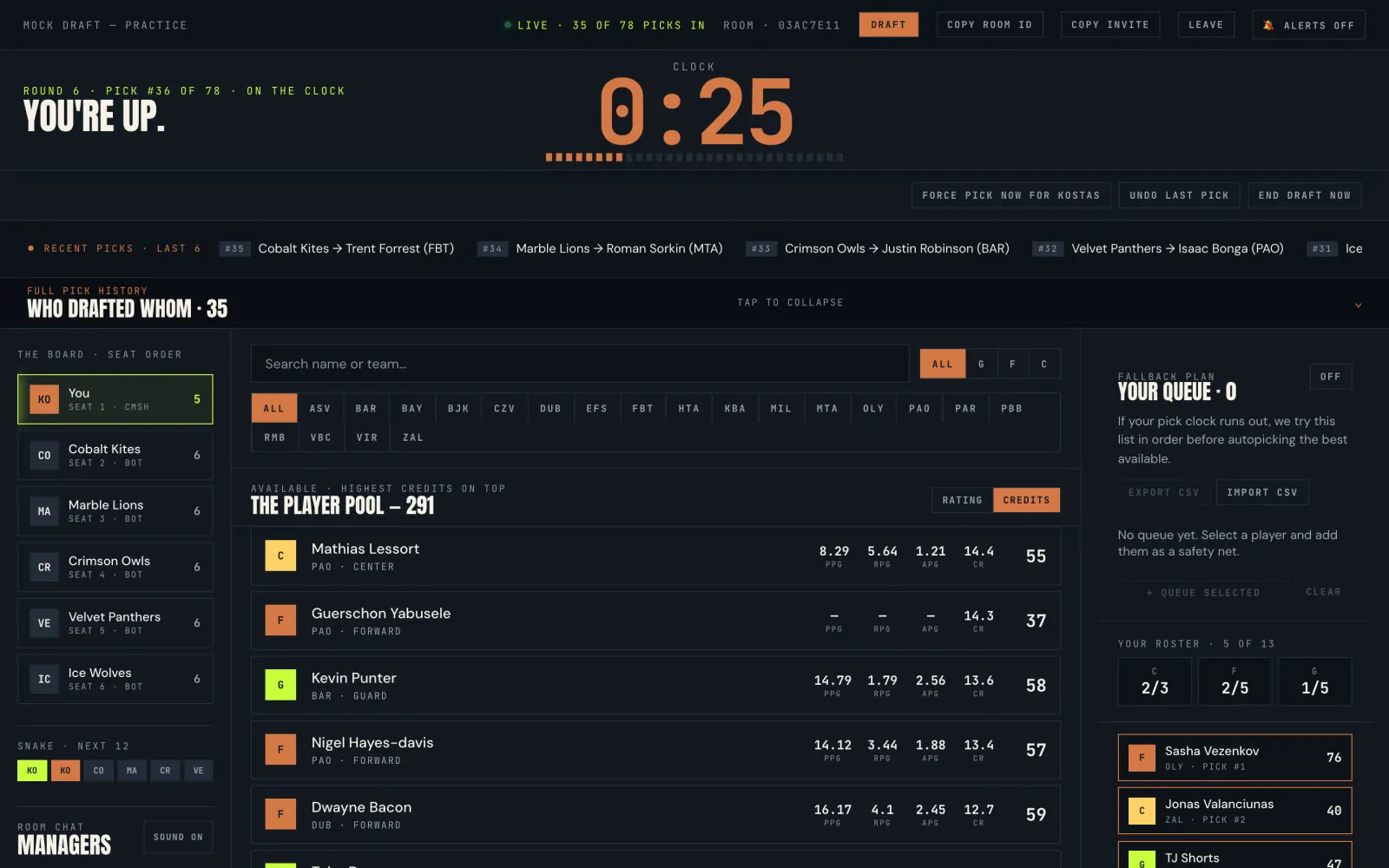 The live draft room: the pick clock, the snake board and the player pool